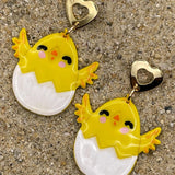 Chick - Baby Chickie Earrings with Hearts: Handmade Polymer Clay