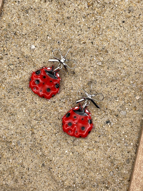 Lucky - Ladybug Earrings with Silver Bow Detail: Handmade Polymer Clay