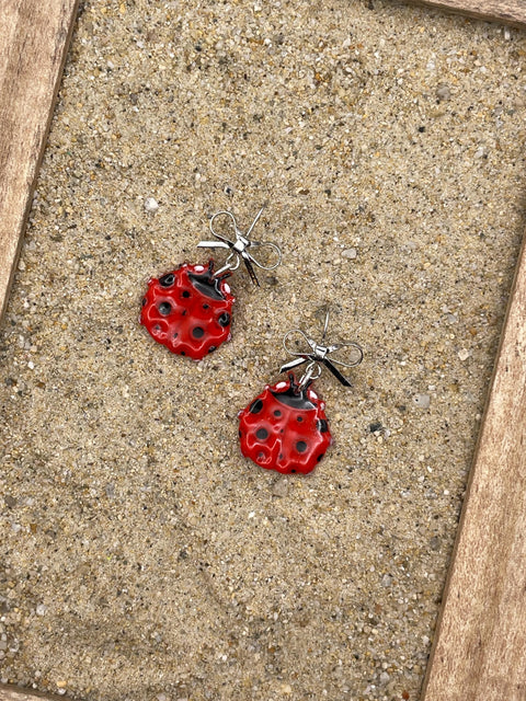 Lucky - Ladybug Earrings with Silver Bow Detail: Handmade Polymer Clay