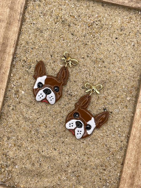 Dog Lover - Frenchy Bulldog Earrings with Gold Bow: Handmade Polymer Clay