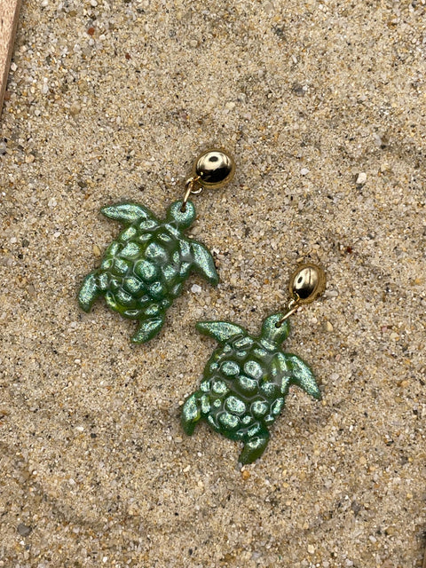 Lahaina - Green Shimmer Sea Turtle Dangle Earring Handmade Polymer Clay