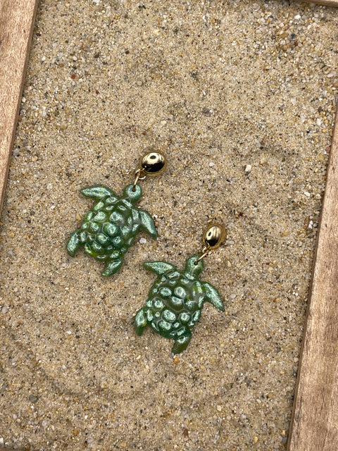 Lahaina - Green Shimmer Sea Turtle Dangle Earring Handmade Polymer Clay