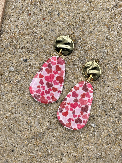 Love - Multi Heart Printed Dangle Earrings: Handmade Polymer Clay