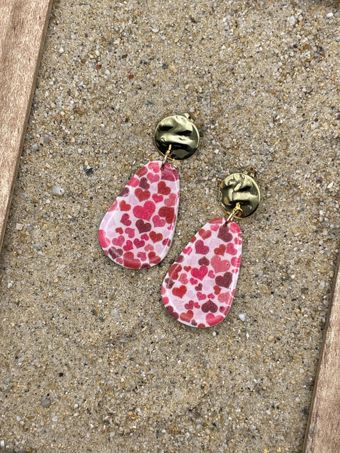 Love - Multi Heart Printed Dangle Earrings: Handmade Polymer Clay