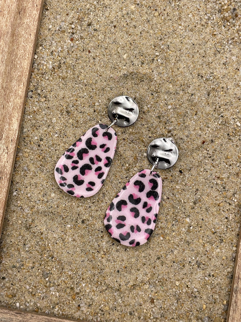 Love - Pink Leopard Printed Dangle Earrings: Handmade Polymer Clay