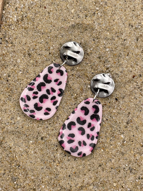 Love - Pink Leopard Printed Dangle Earrings: Handmade Polymer Clay