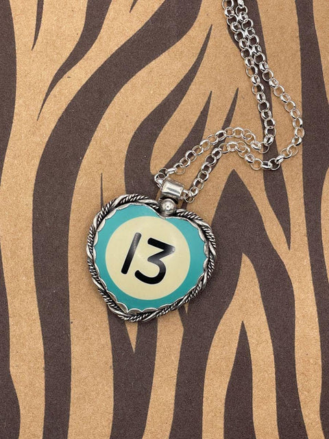 Skylar - Turquoise Billiard Ball #13 Heart Pendant Necklace