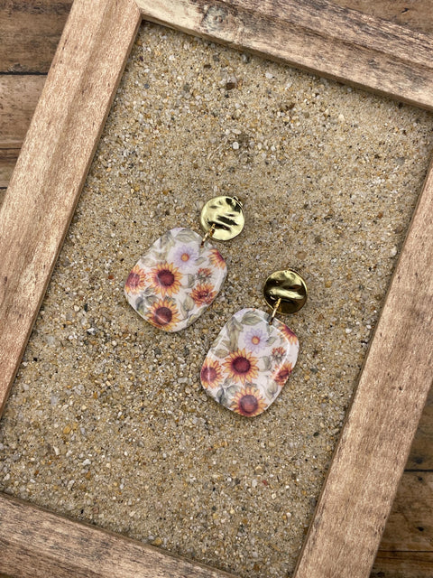 Spring Fling - Sunflower Printed Dangle Earrings: Handmade Polymer Clay