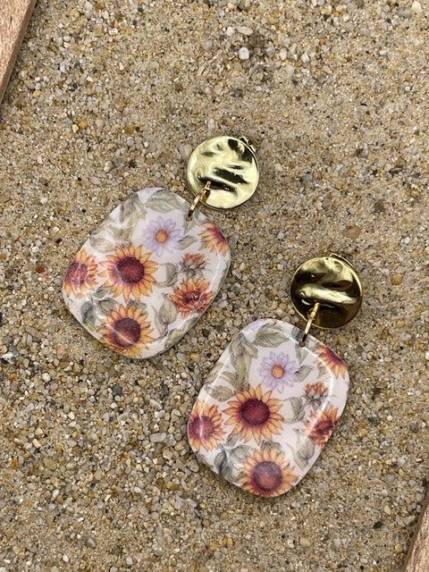 Spring Fling - Sunflower Printed Dangle Earrings: Handmade Polymer Clay
