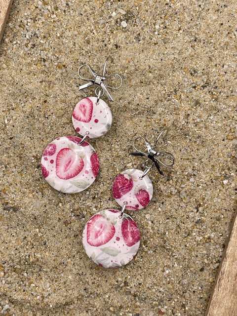 Tutti Frutti - Strawberry Printed Dangle Earrings: Handmade, Polymer Clay