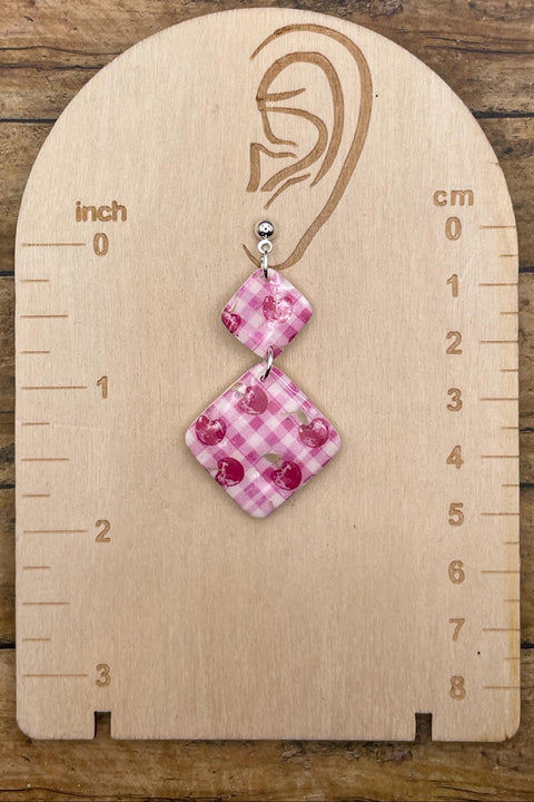 Tutti Frutti - Cherry Gingham Printed Dangle Earrings: Handmade Polymer Clay