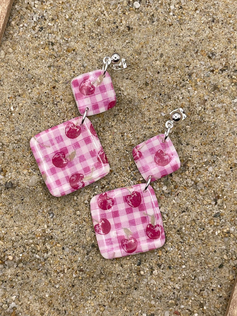 Tutti Frutti - Cherry Gingham Printed Dangle Earrings: Handmade Polymer Clay