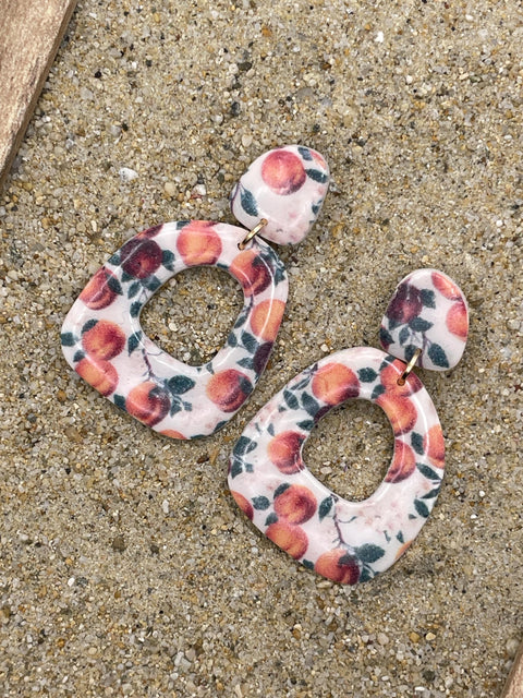 Tutti Frutti - Peach Printed Dangle Earrings: Handmade Polymer Clay