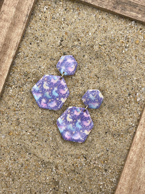 Mystical - Unicorn Printed Dangle Earrings - Handmade Polymer Clay