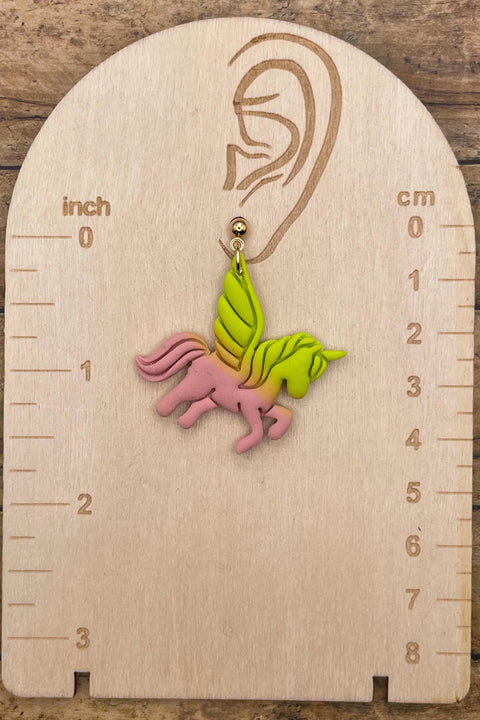 Mystical - Unicorn Pink Green Dangle Earrings: Handmade Polymer Clay