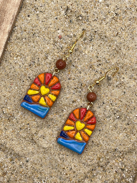 Joshua Tree - Sunset Dangle Earrings with Sunstone Detail: Handmade Polymer Clay