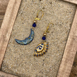 Mystical - Shimmer Sun and Moon Earrings with Lapis Lazuli Handmade Polymer Clay