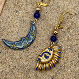 Mystical - Shimmer Sun and Moon Earrings with Lapis Lazuli Handmade Polymer Clay