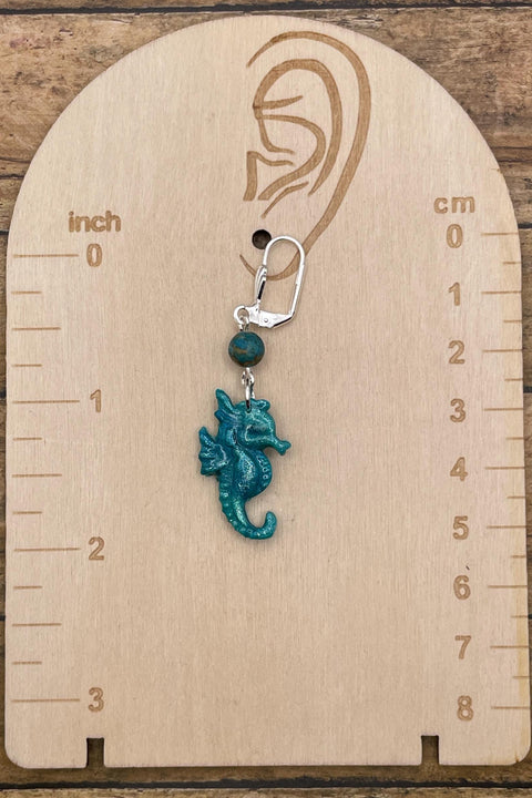 Ocean Lover - Shimmer Seahorse Earrings with Turquoise Beads: Handmade Polymer Clay