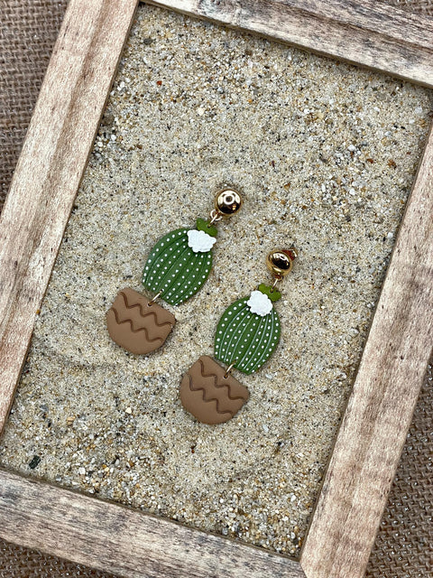 Joshua Tree - Barrel Cactus with White Flower Earrings: Handmade Polymer Clay