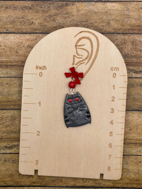Cat Lover - Grey Kitty Earrings with Red Bow Detail: Handmade Polymer Clay
