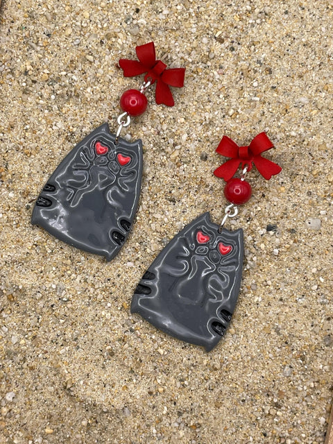 Cat Lover - Grey Kitty Earrings with Red Bow Detail: Handmade Polymer Clay