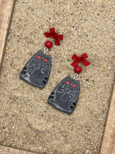 Cat Lover - Grey Kitty Earrings with Red Bow Detail: Handmade Polymer Clay
