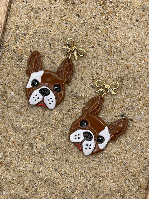 Dog Lover - Frenchy Bulldog Earrings with Gold Bow: Handmade Polymer Clay