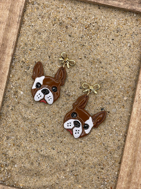 Dog Lover - Frenchy Bulldog Earrings with Gold Bow: Handmade Polymer Clay