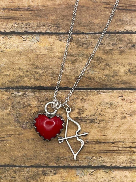 Rosie - Red Rosarita Heart with Bow and Arrow Charm Pendant Necklace