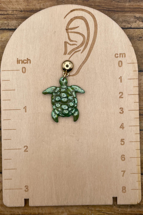 Lahaina - Green Shimmer Sea Turtle Dangle Earring Handmade Polymer Clay