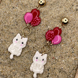Cat Lover Earrings - Kitty Hanging from Balloons: Handmade, Hand Painted Polymer Clay