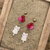 Cat Lover Earrings - Kitty Hanging from Balloons: Handmade, Hand Painted Polymer Clay