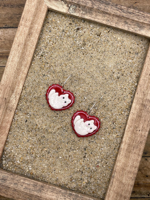 Cat Lover - Crazy Kitty Red Heart Hoop Earrings: Handmade Polymer Clay