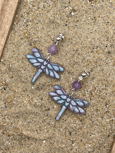 Mystical - Shimmer Lavender and Blue Dragonfly Earrings: Handmade Polymer Clay