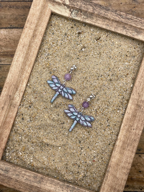 Mystical - Shimmer Lavender and Blue Dragonfly Earrings: Handmade Polymer Clay