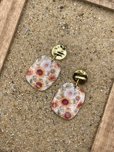 Spring Fling - Sunflower Printed Dangle Earrings: Handmade Polymer Clay