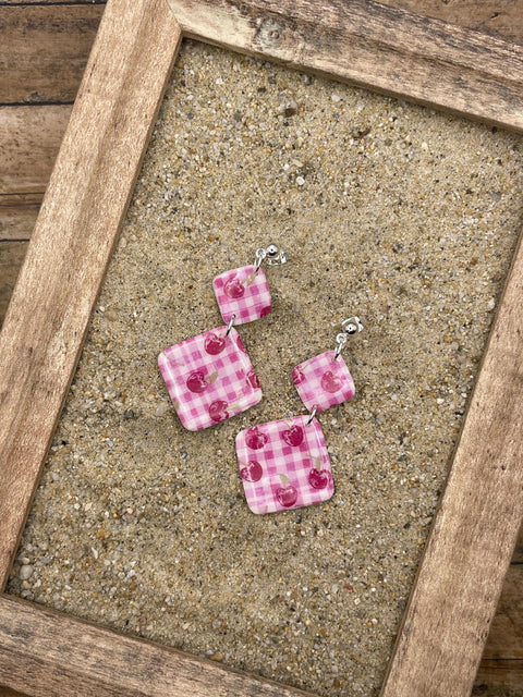 Tutti Frutti - Cherry Gingham Printed Dangle Earrings: Handmade Polymer Clay