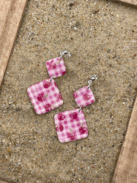 Tutti Frutti - Cherry Gingham Printed Dangle Earrings: Handmade Polymer Clay