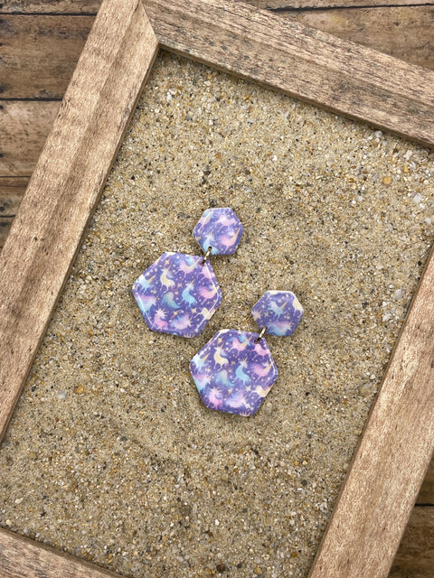 Mystical - Unicorn Printed Dangle Earrings - Handmade Polymer Clay