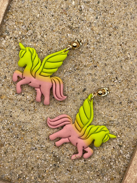 Mystical - Unicorn Pink Green Dangle Earrings: Handmade Polymer Clay