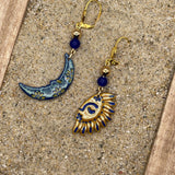 Mystical - Shimmer Sun and Moon Earrings with Lapis Lazuli Handmade Polymer Clay