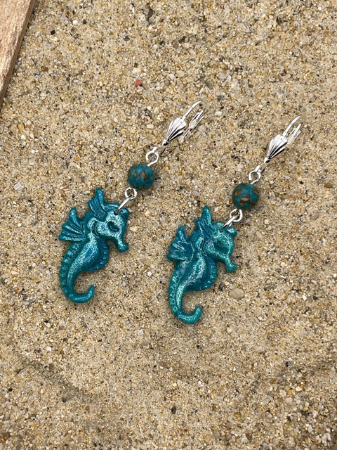 Ocean Lover - Shimmer Seahorse Earrings with Turquoise Beads: Handmade Polymer Clay