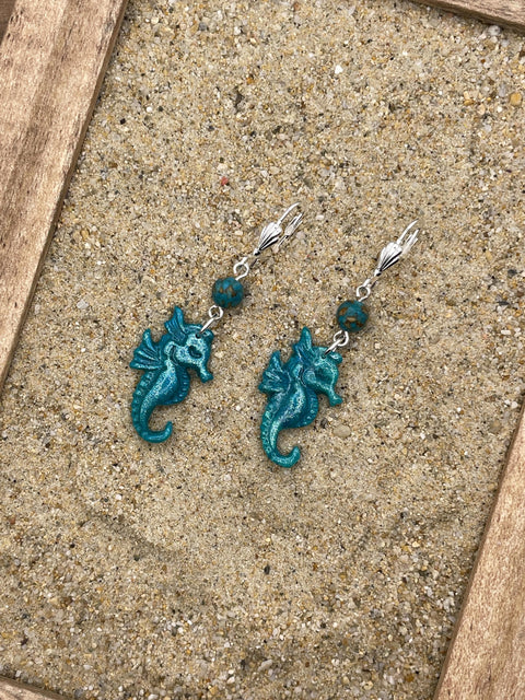 Ocean Lover - Shimmer Seahorse Earrings with Turquoise Beads: Handmade Polymer Clay