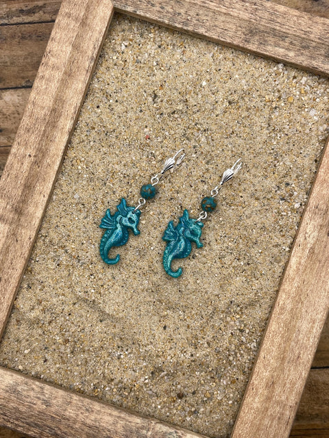 Ocean Lover - Shimmer Seahorse Earrings with Turquoise Beads: Handmade Polymer Clay