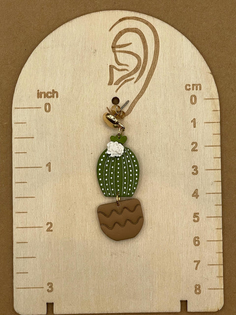 Joshua Tree - Barrel Cactus with White Flower Earrings: Handmade Polymer Clay