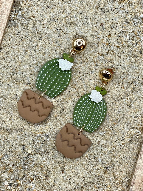 Joshua Tree - Barrel Cactus with White Flower Earrings: Handmade Polymer Clay