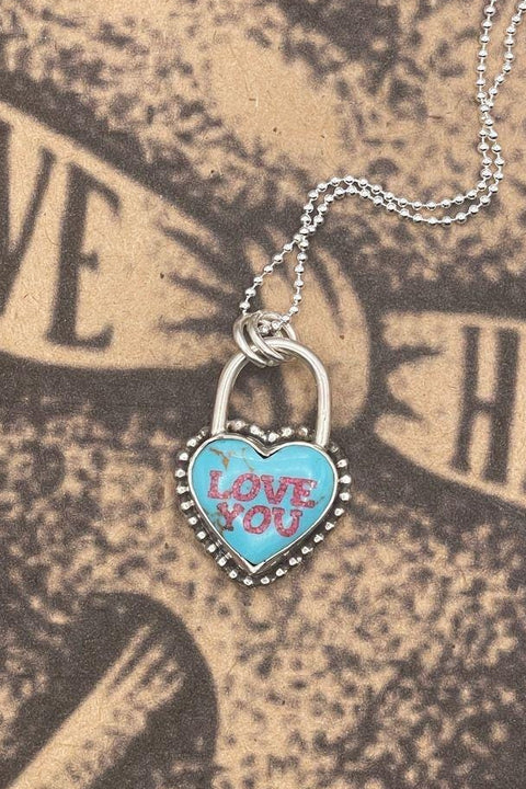 Babe - Love you Turquoise Heart Faux Lock Pendant