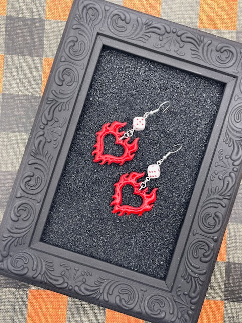 Tattoo Love Flaming Heart Dice Earrings