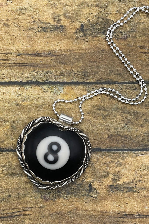 Artisan made sterling silver heart shaped pendant with upcycled vintage billiard ball number 8 necklace